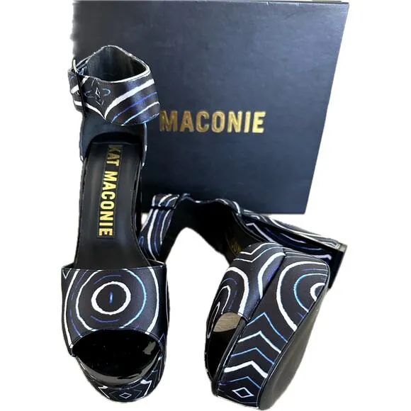 Kat Maconie Angel/Black Printed Satin Chunky High Heel Shoes Authentic size US 9