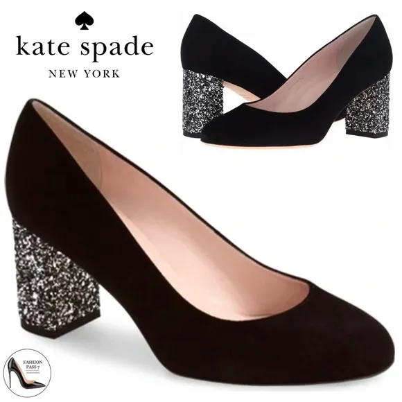 KATE SPADE Anastasia Block Heel Pump Black Suede Leather Dress Shoe Glitter Heel