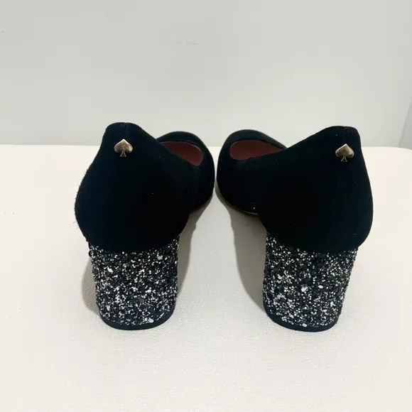 KATE SPADE Anastasia Block Heel Pump Black Suede Leather Dress Shoe Glitter Heel