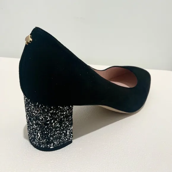KATE SPADE Anastasia Block Heel Pump Black Suede Leather Dress Shoe Glitter Heel