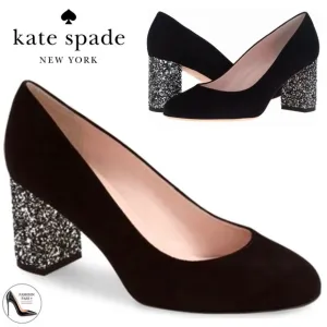 KATE SPADE Anastasia Block Heel Pump Black Suede Leather Dress Shoe Glitter Heel