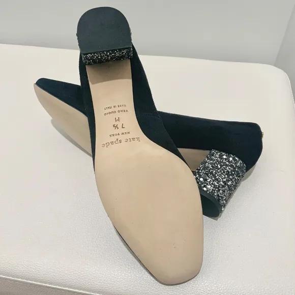 KATE SPADE Anastasia Block Heel Pump Black Suede Leather Dress Shoe Glitter Heel