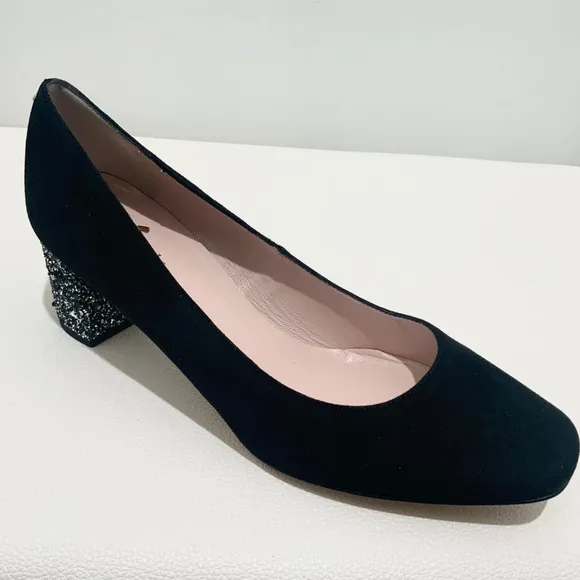 KATE SPADE Anastasia Block Heel Pump Black Suede Leather Dress Shoe Glitter Heel