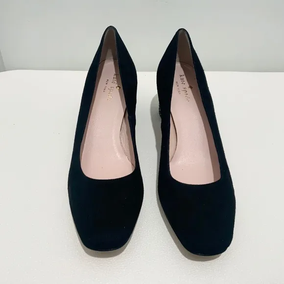 KATE SPADE Anastasia Block Heel Pump Black Suede Leather Dress Shoe Glitter Heel