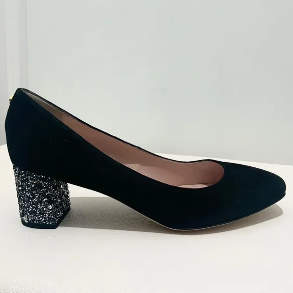 KATE SPADE Anastasia Block Heel Pump Black Suede Leather Dress Shoe Glitter Heel