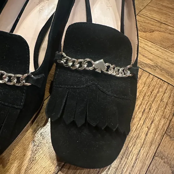 Kate Spade Black and Silver Molly Loafers Chunky Block Heel with Chain Size 7.5B