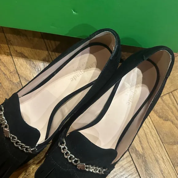 Kate Spade Black and Silver Molly Loafers Chunky Block Heel with Chain Size 7.5B