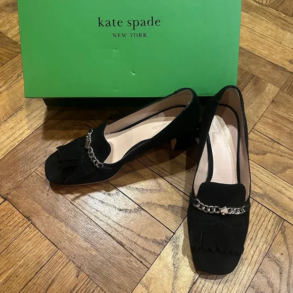 Kate Spade Black and Silver Molly Loafers Chunky Block Heel with Chain Size 7.5B