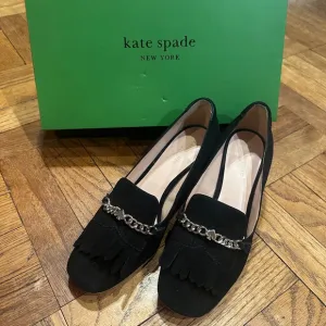 Kate Spade Black and Silver Molly Loafers Chunky Block Heel with Chain Size 7.5B
