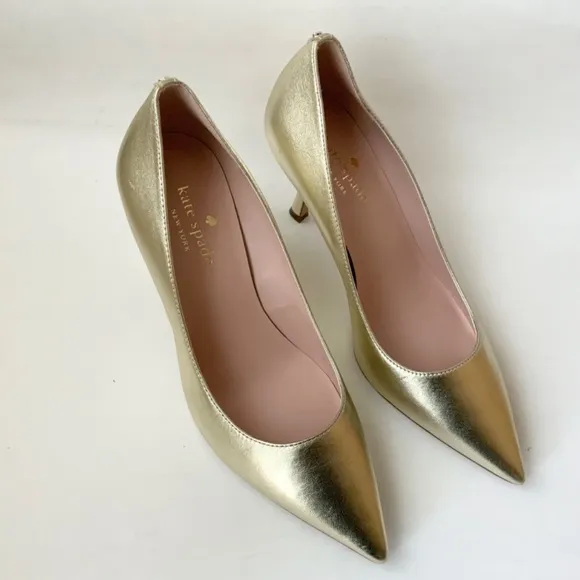 Kate Spade Sonia Gold Leather Pointed Toe Pumps Stiletto Heels Dress Shoes 8.5