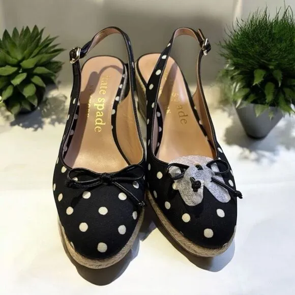 Kate Spade Wedge Heel Slingback Espadrilles Panama Nights polka dot Size 9.5