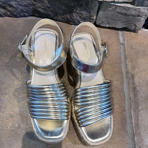 KENNETH COLE NEW YORK 9M Womens Gold 2‎ Wedge Shelby Wedge Espadrille Shoes