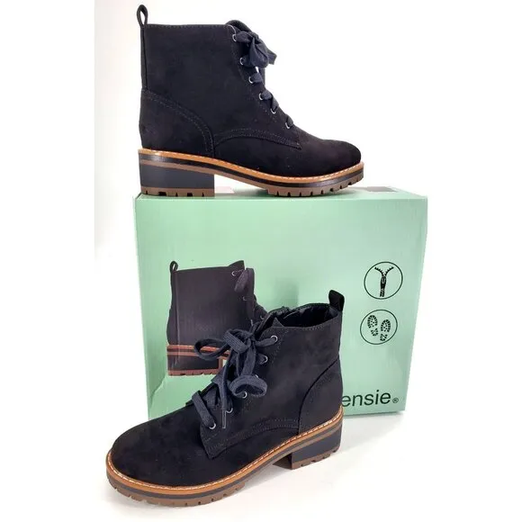 Kensie Boots Kasha 6.5 Combat Lace Up Zip Vegan Suede Chunky Lug Platform Shoes