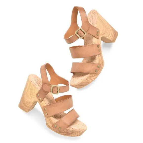 Kork-ease Leather Della Strappy Buckle Platform Sandals Clog Heels