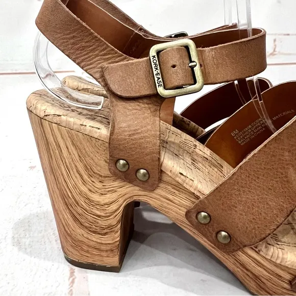 Kork-ease Leather Della Strappy Buckle Platform Sandals Clog Heels