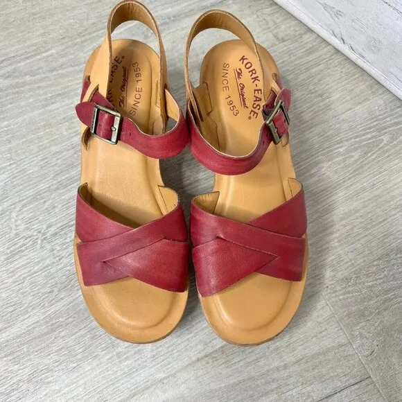 Kork-Ease Shoes Womens Size 7/38 Burgundy Wine Ava Wedge Leather Cork Sandal
