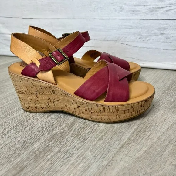 Kork-Ease Shoes Womens Size 7/38 Burgundy Wine Ava Wedge Leather Cork Sandal