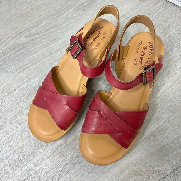 Kork-Ease Shoes Womens Size 7/38 Burgundy Wine Ava Wedge Leather Cork Sandal