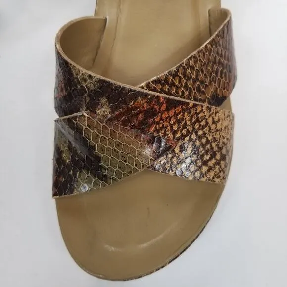 Kork-Ease Women's Shannon Snakeskin Leather Wedge Heel Sandals Tan Brown Size 10