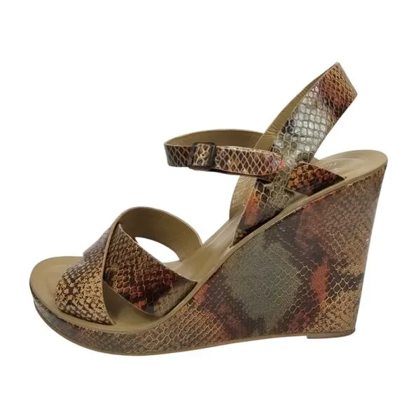 Kork-Ease Women's Shannon Snakeskin Leather Wedge Heel Sandals Tan Brown Size 10