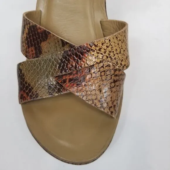 Kork-Ease Women's Shannon Snakeskin Leather Wedge Heel Sandals Tan Brown Size 10