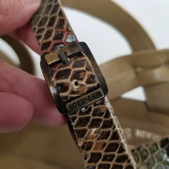 Kork-Ease Women's Shannon Snakeskin Leather Wedge Heel Sandals Tan Brown Size 10