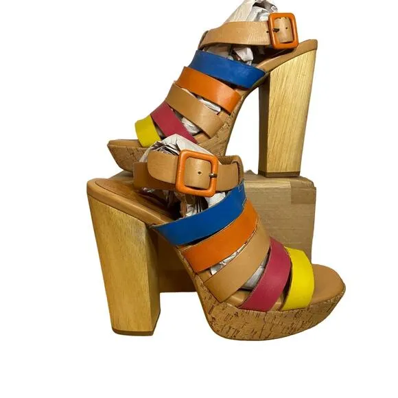 KORKS by Kork-Ease Womens Size 7 Leather Cage Sandals Y2K 5&quot; Wood Heel Retro