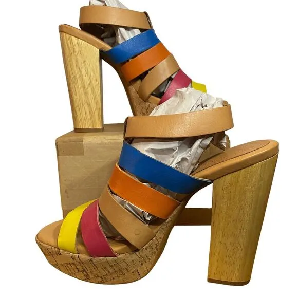 KORKS by Kork-Ease Womens Size 7 Leather Cage Sandals Y2K 5&quot; Wood Heel Retro