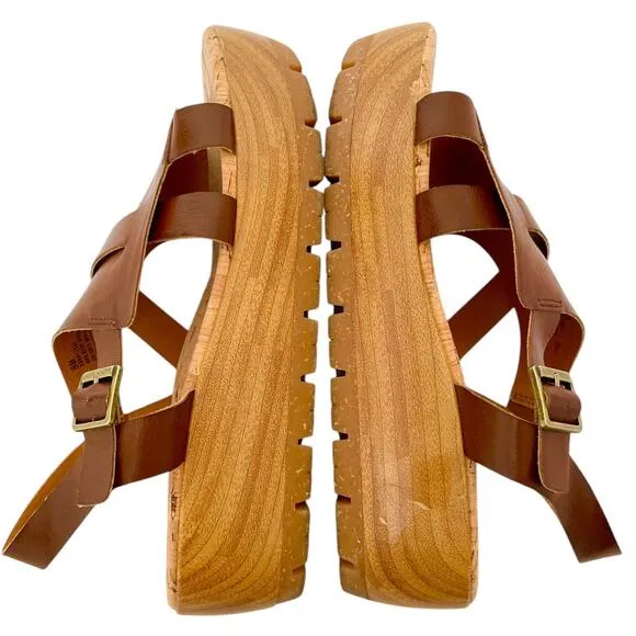 Korks Fallon Brown Faux Leather Wedge Heel Platform Slingback Sandals Size 8