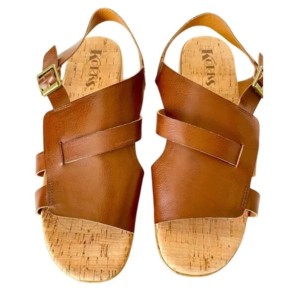 Korks Fallon Brown Faux Leather Wedge Heel Platform Slingback Sandals Size 8