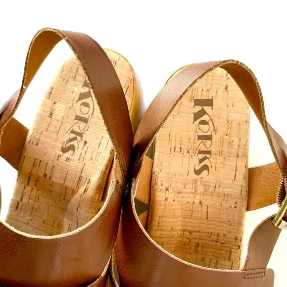 Korks Fallon Brown Faux Leather Wedge Heel Platform Slingback Sandals Size 8