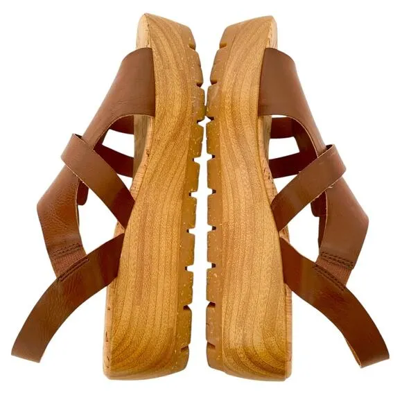 Korks Fallon Brown Faux Leather Wedge Heel Platform Slingback Sandals Size 8