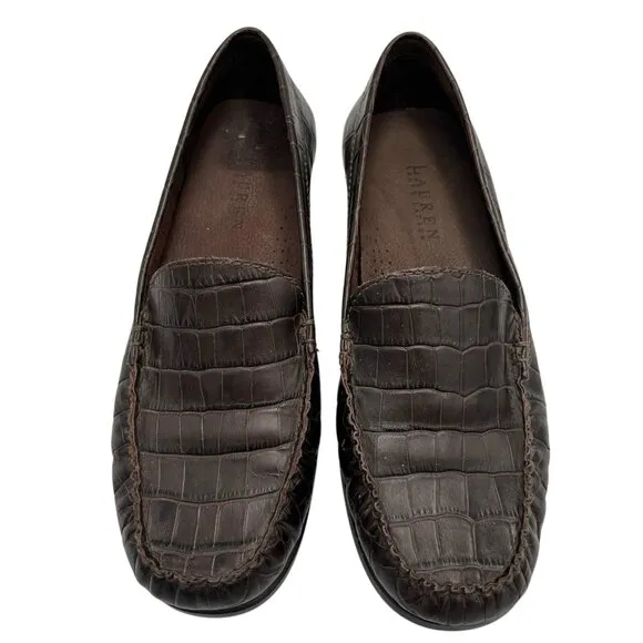 Lauren Ralph Lauren Womens 7.5 Barbara Croc Embossed Leather Brown Loafer Shoes