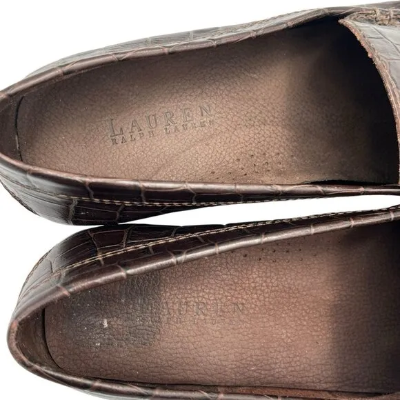 Lauren Ralph Lauren Womens 7.5 Barbara Croc Embossed Leather Brown Loafer Shoes