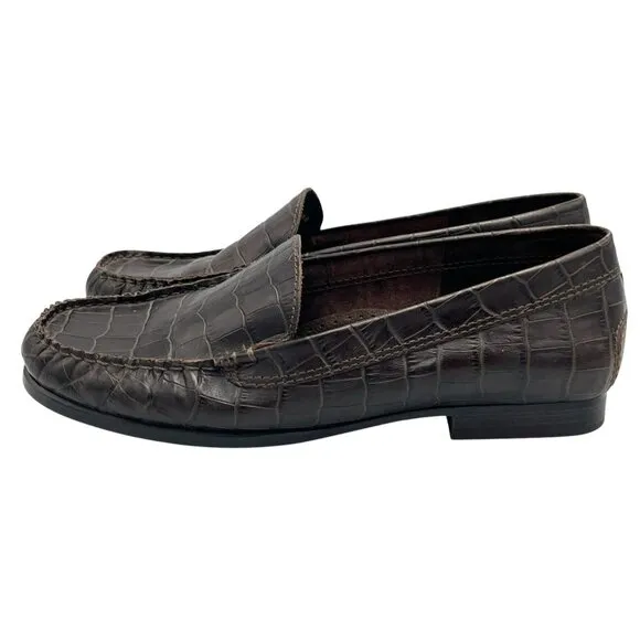 Lauren Ralph Lauren Womens 7.5 Barbara Croc Embossed Leather Brown Loafer Shoes