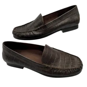 Lauren Ralph Lauren Womens 7.5 Barbara Croc Embossed Leather Brown Loafer Shoes