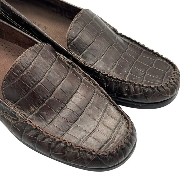 Lauren Ralph Lauren Womens 7.5 Barbara Croc Embossed Leather Brown Loafer Shoes