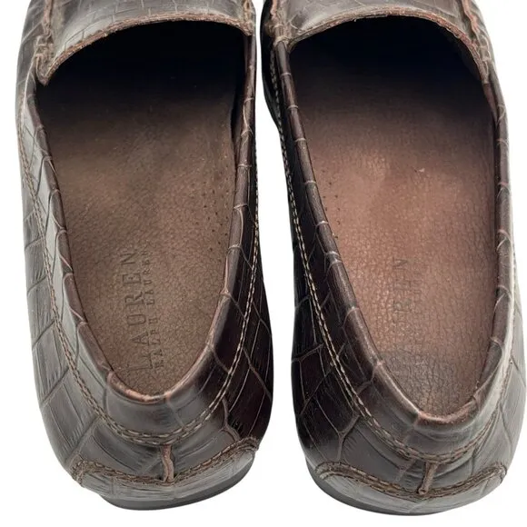 Lauren Ralph Lauren Womens 7.5 Barbara Croc Embossed Leather Brown Loafer Shoes