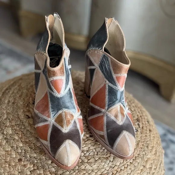 Leather patchwork comfortable booties shoes brown heels western shoes