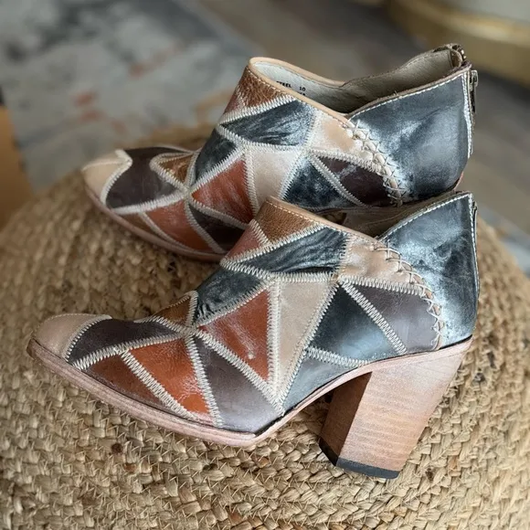 Leather patchwork comfortable booties shoes brown heels western shoes