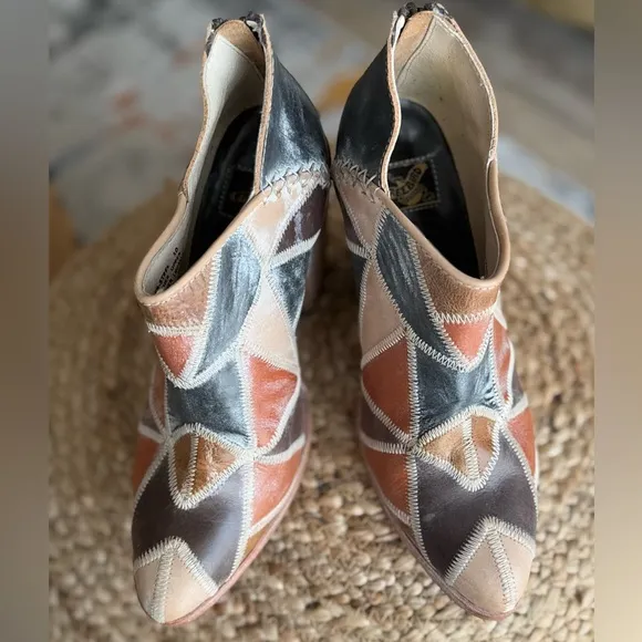 Leather patchwork comfortable booties shoes brown heels western shoes
