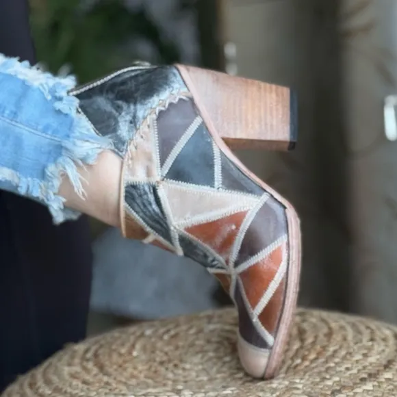 Leather patchwork comfortable booties shoes brown heels western shoes