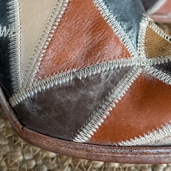 Leather patchwork comfortable booties shoes brown heels western shoes