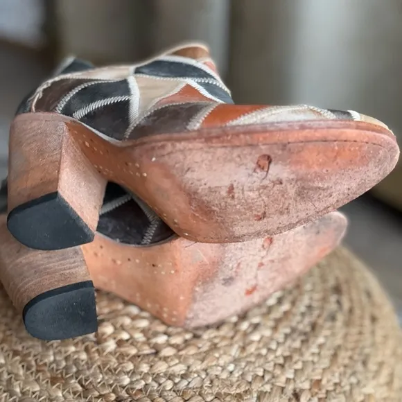 Leather patchwork comfortable booties shoes brown heels western shoes