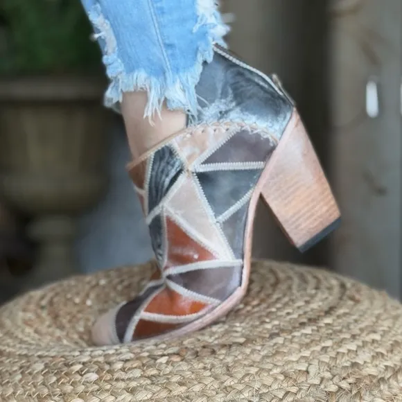 Leather patchwork comfortable booties shoes brown heels western shoes