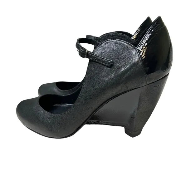 LeifsDottir Anthropologie Mary Jane Wedge Shoes Pumps Black Leather EU Size 39.5