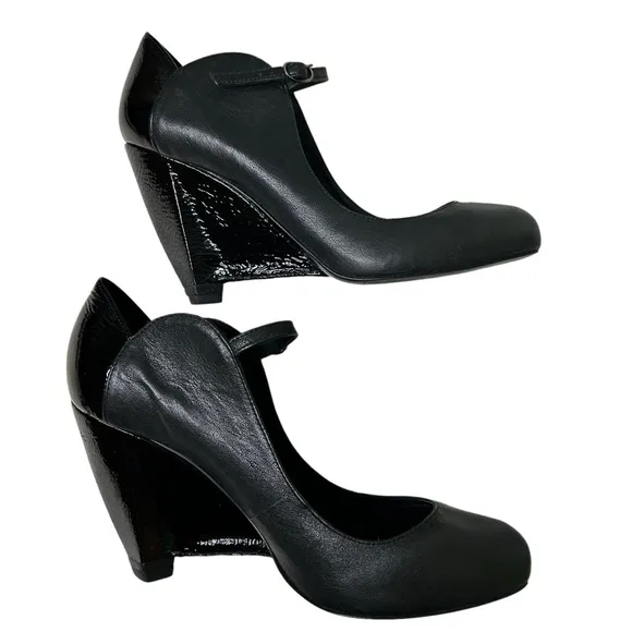 LeifsDottir Anthropologie Mary Jane Wedge Shoes Pumps Black Leather EU Size 39.5
