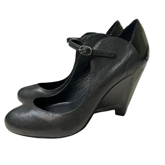 LeifsDottir Anthropologie Mary Jane Wedge Shoes Pumps Black Leather EU Size 39.5