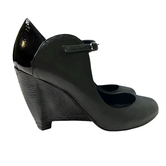 LeifsDottir Anthropologie Mary Jane Wedge Shoes Pumps Black Leather EU Size 39.5