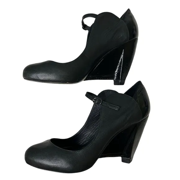 LeifsDottir Anthropologie Mary Jane Wedge Shoes Pumps Black Leather EU Size 39.5